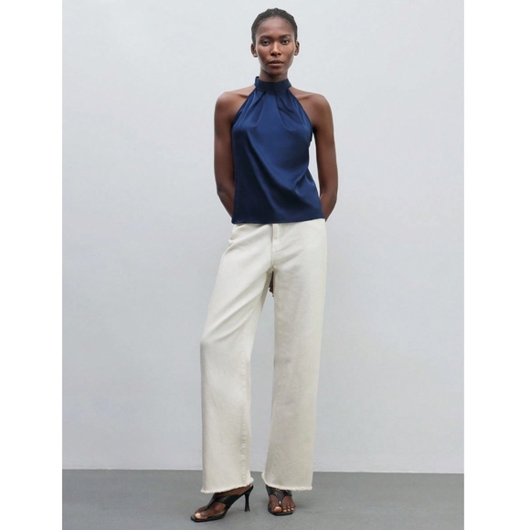 Navy Blue Satin Halter Blouse Top - Picture 12 of 14